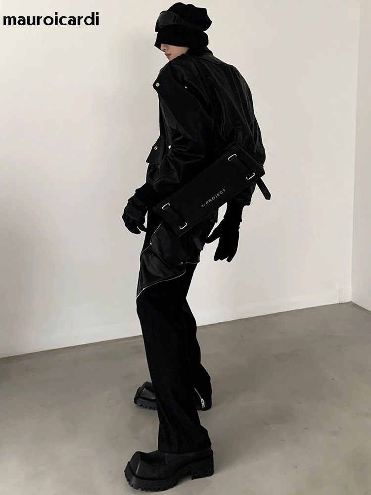 Mauroicardi Spring 2025 Autumn Cool Handsome Short Oversized Black Pu Leather Jacket new Men with Shoulder Pads Long Sleeve Zipper 2023