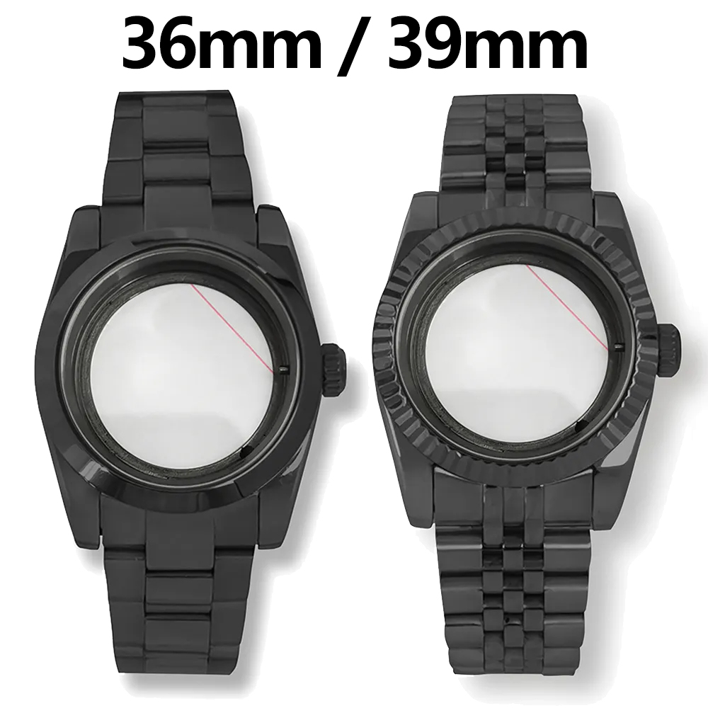 39mm / 36mm Black Oyster Perpetual Sapphire Glass Watch Case, For NH35 NH36 NH70 Movement, Full Sand Strap/Jubilee Bracelet