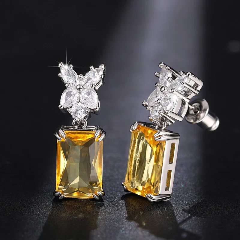 New Simple and Elegant Square Cubic Zirconia Earrings Bling Yellow CZ Dangle Luxury Women Wedding Engagement Jewelry