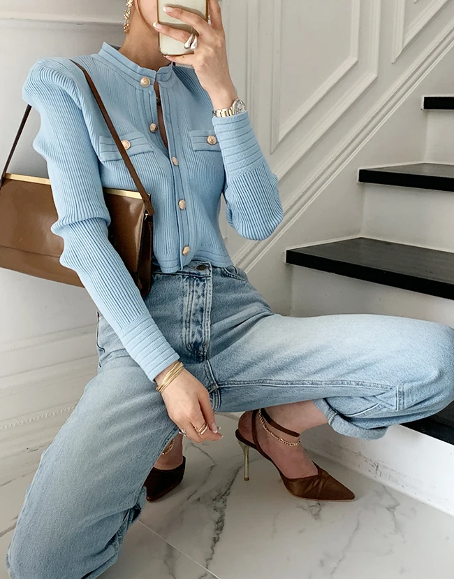 Autumn Winter Women Knitted Cardigans Elegant Temperament Ladies O-neck Gold Buttons Slim Versatile Female Sweater Crop Tops