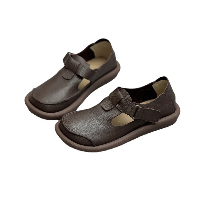 Retro cowhide 2025 flat women's shoes big head loafers real leather new shoes softMary Jane shoes