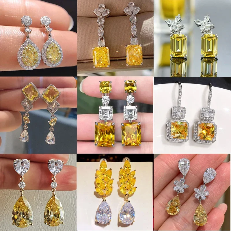 New Simple and Elegant Square Cubic Zirconia Earrings Bling Yellow CZ Dangle Luxury Women Wedding Engagement Jewelry