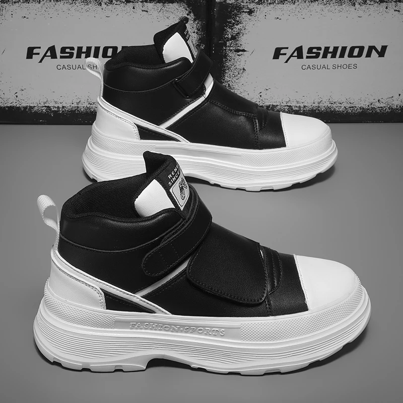 Autumn Men Casual Sneakers Leather new Chunky Platform High-top Shoes Ankle 2025 Boots Magic Tape Sneakers Male Breathable Sport Shoes 44