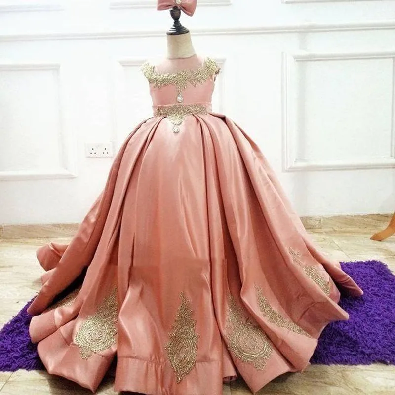Golden Lace Sheer Neck Flower Girl Wedding Dresses Satin Lilttle Kids Party Birthday Formal Children Gowns Celebrity