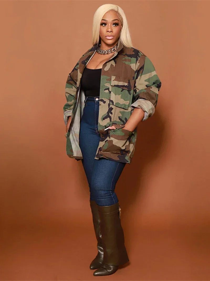 Camouflage Print Big Pocket 2025 Jacket 2024 Spring INS Clothing Long Sleeve Camo Trench Coat new Casual Oversize Cardigan Top Outwear