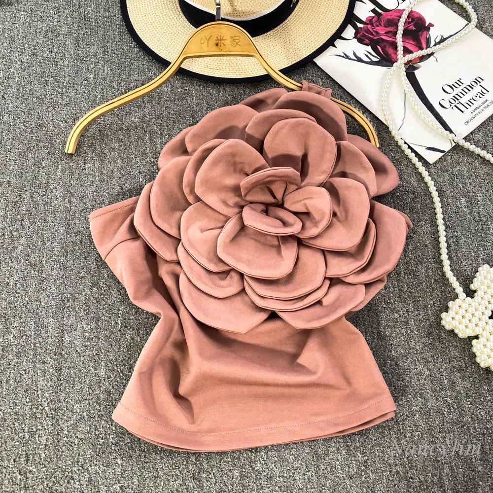 Pure Hot Girl Three-Dimensional Large Flower Diagonal Collar Single-Shoulder Suspender Tank Women Y2K Top Outer Wear Slim Fit