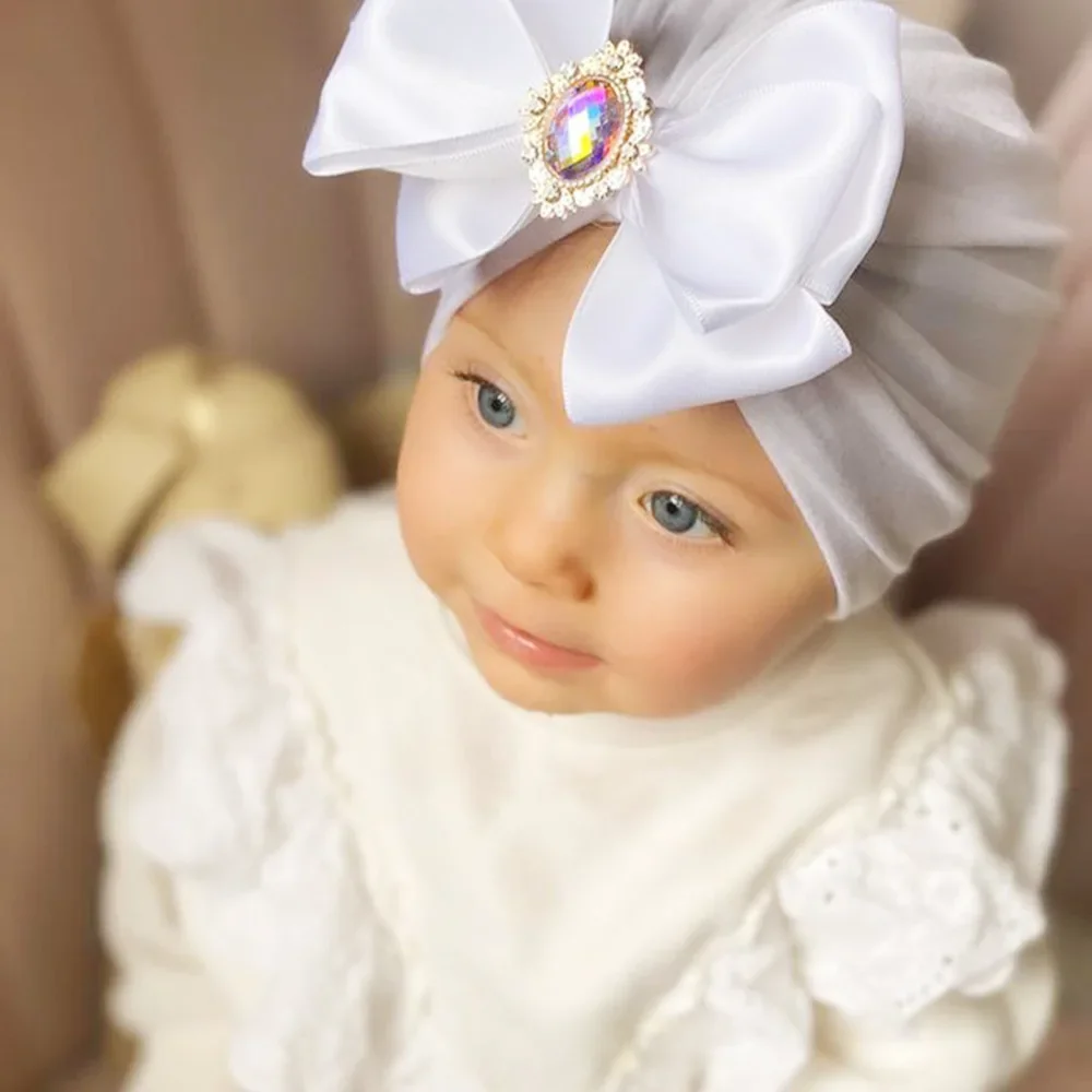 Baby Hats Caps Big Bownot Turban Hat Cute Solid Color Rhinestone Head Wraps for Newborn Infant Kids Toddler Bow Beanie Headwraps