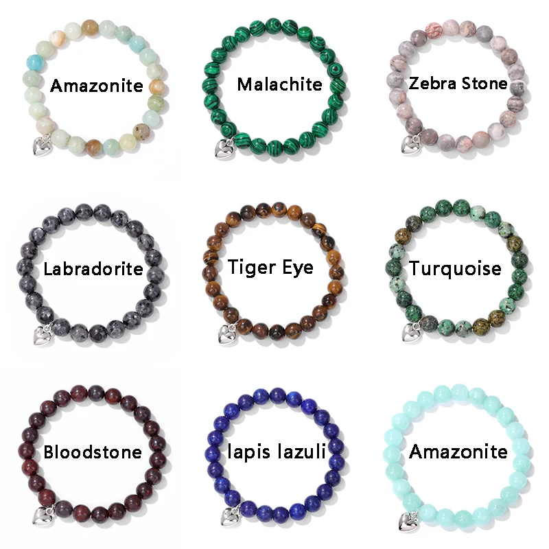 Romantic Heart Shape Pendant Bracelet Women 8mm Natural Stone Amazonite Agates Beads Charm Bracelets Men Couples Jewelry Gift