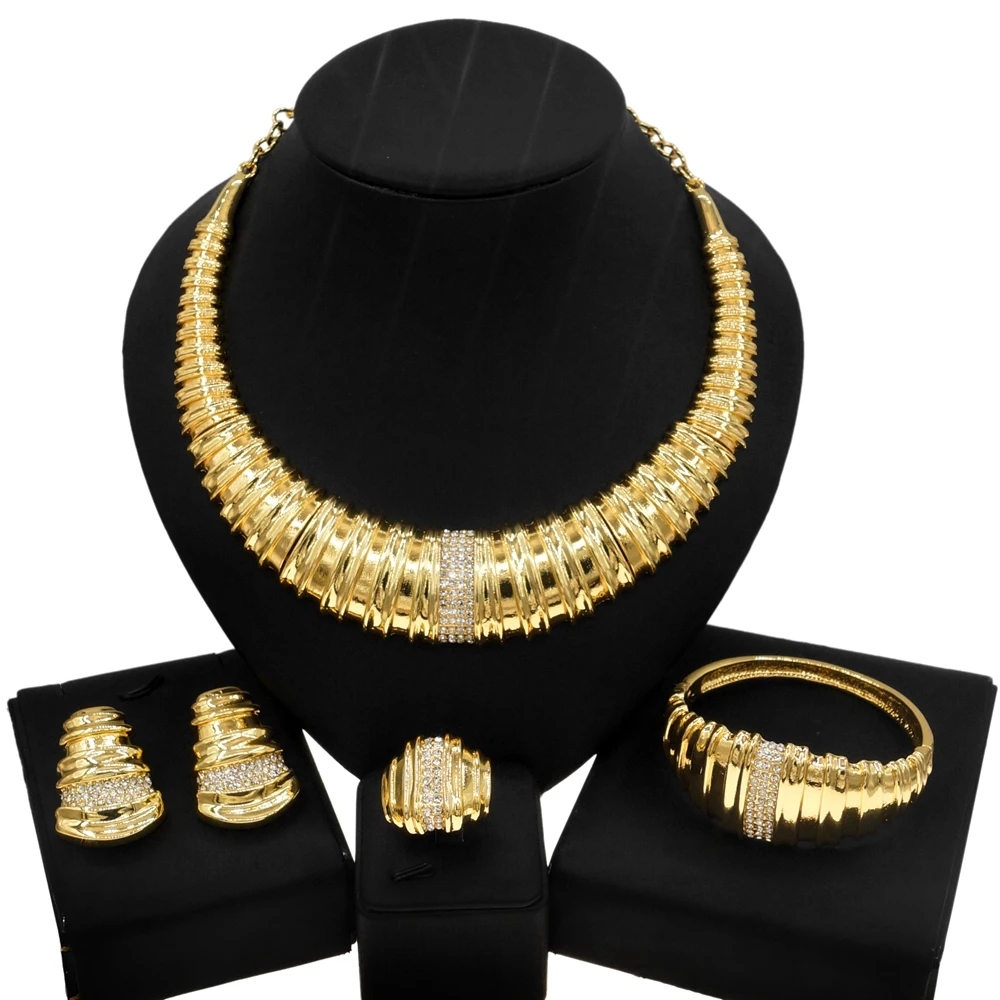 Women Gold Plated Jewelry Set Round Bone Shape Necklace Luxury Wedding and Banquet Jewelry Bracelet Earrings Ring 4PCS