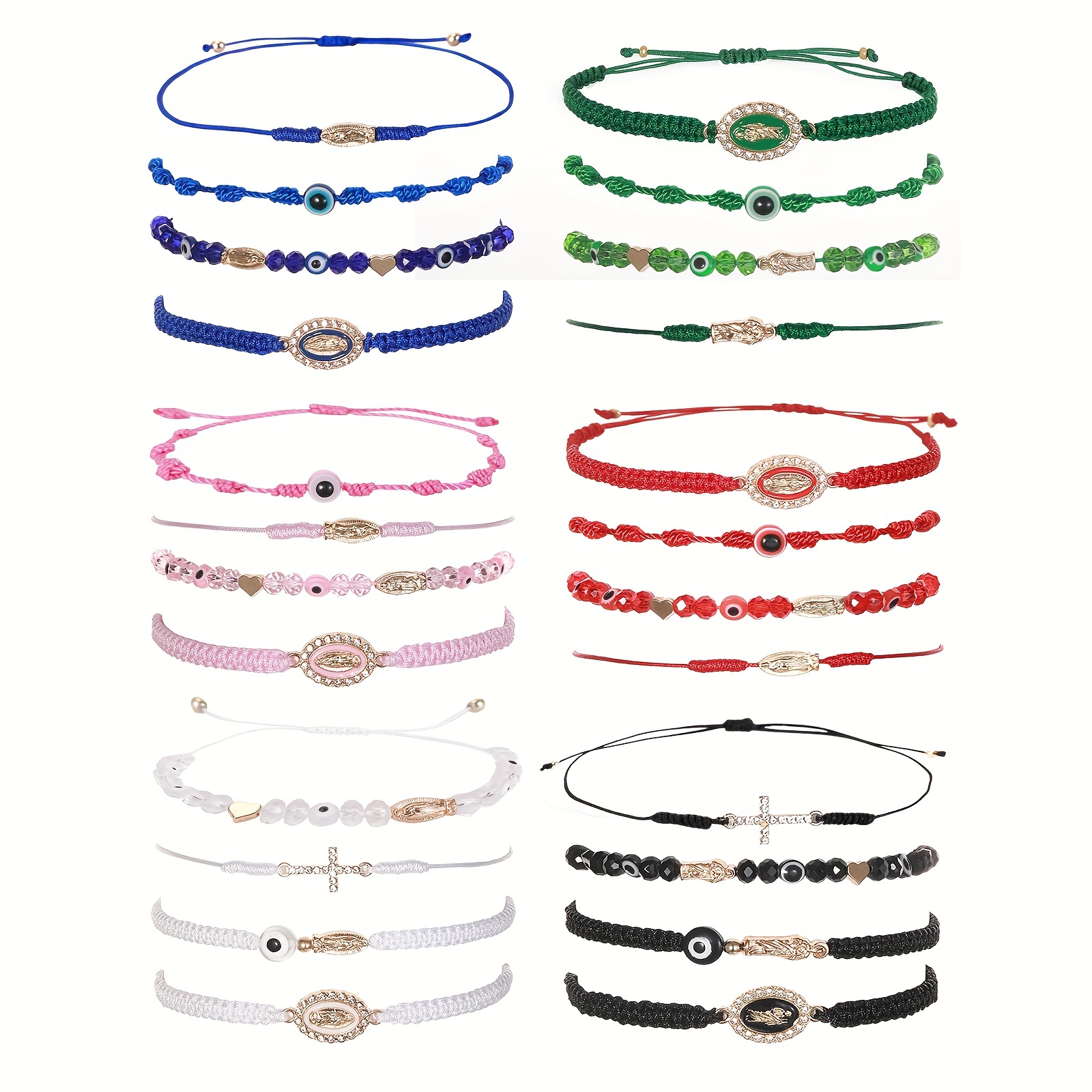4PCS/Set Saint Jude or Virgin Mary Rosay Cross Bracelets Mexican Braid Crystal Evil Eye Bracelets Gift For Pray Or Protection