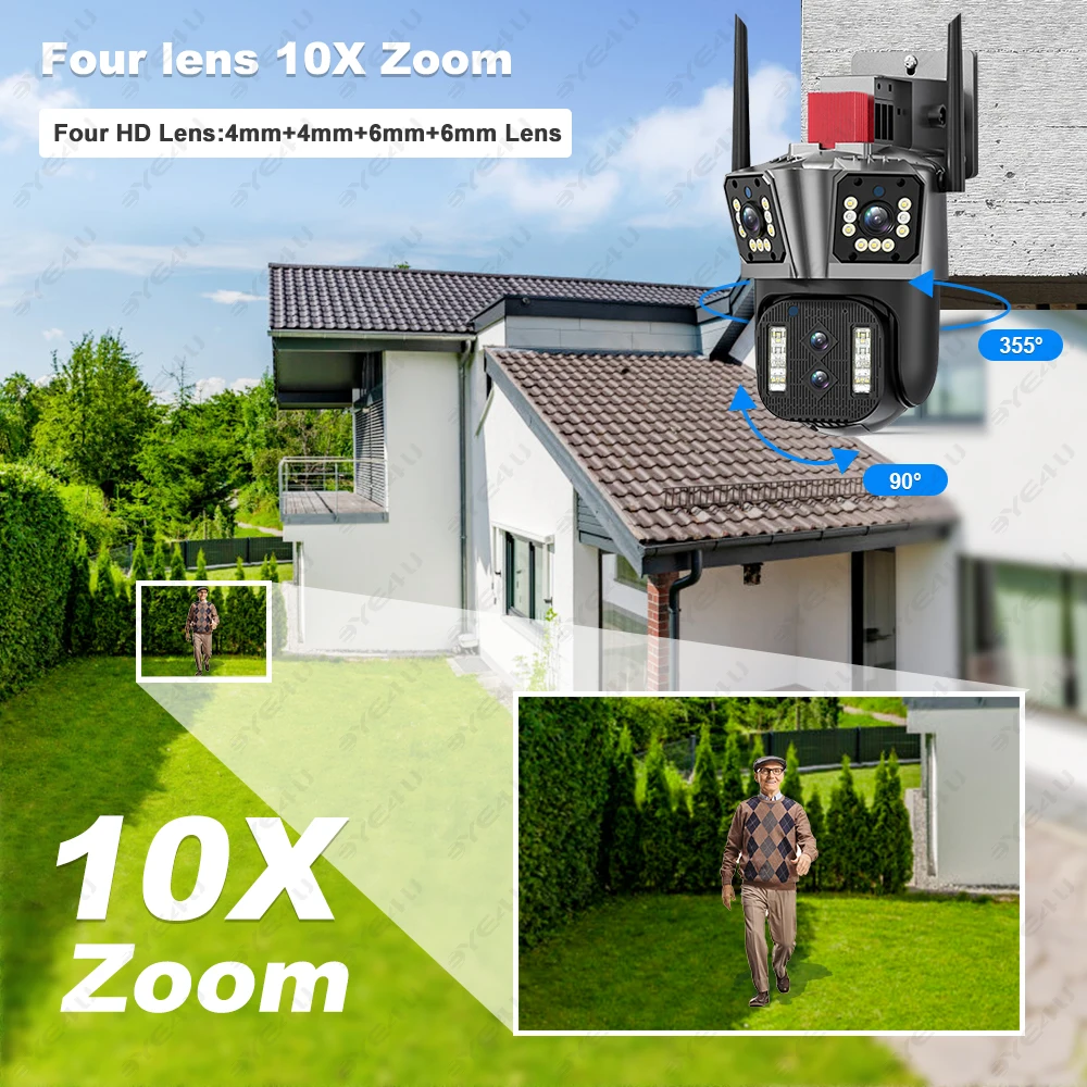 16MP 8K IP Camera 10X Zoom Outdoor Three Screen Four Lens Video Surveillance Cameras WiFi Auto Tracking CCTV 4K Security Cam PTZ