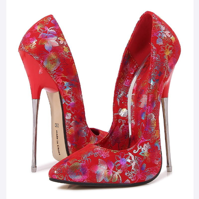 Newly 16cm Man Metal Extreme High Heels Bling Shiny Flower Print Stilettos Sexy Women Pumps Fetish Model Party SM Unisex Shoes