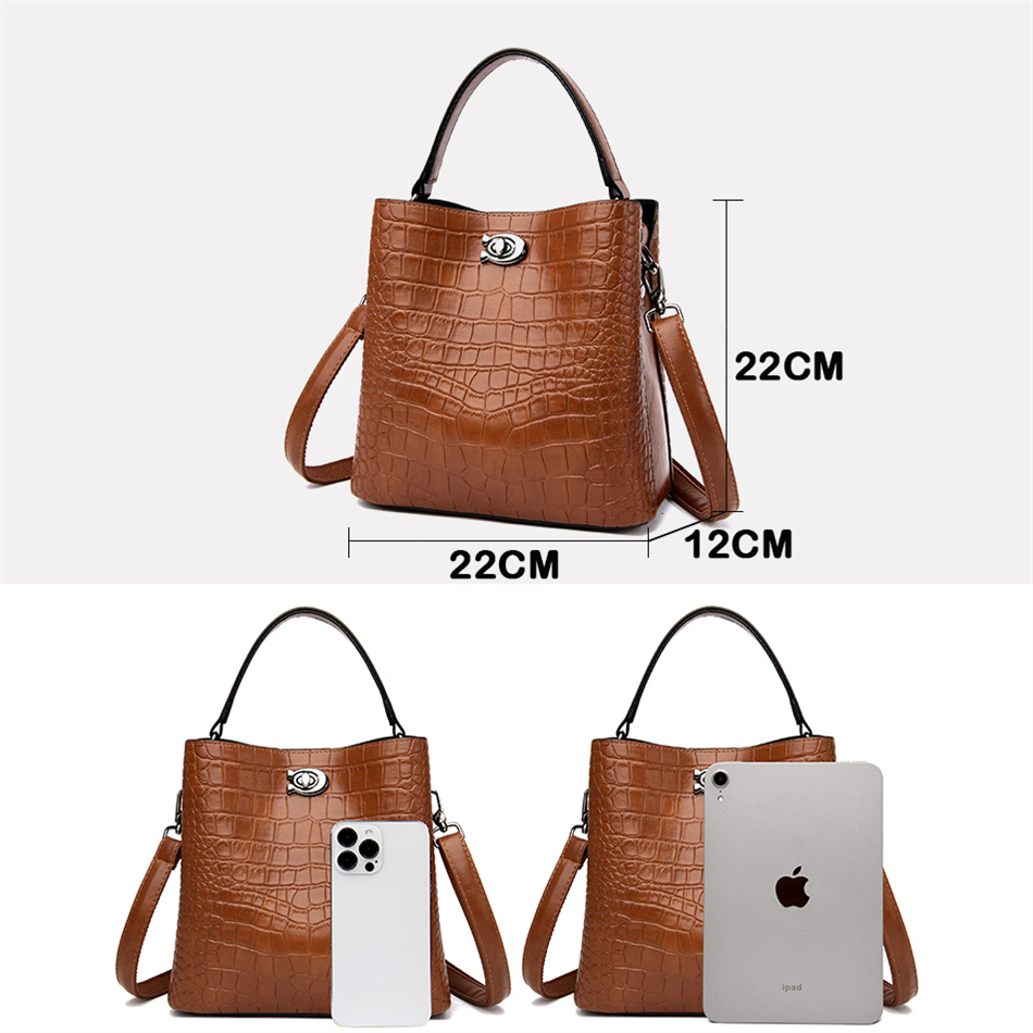 Retro Alligator Bucket Bags Women Crocodile Pattern Capacity Casual Oil Leather Shoulder Messenger Bags Ladies Handbag Purses