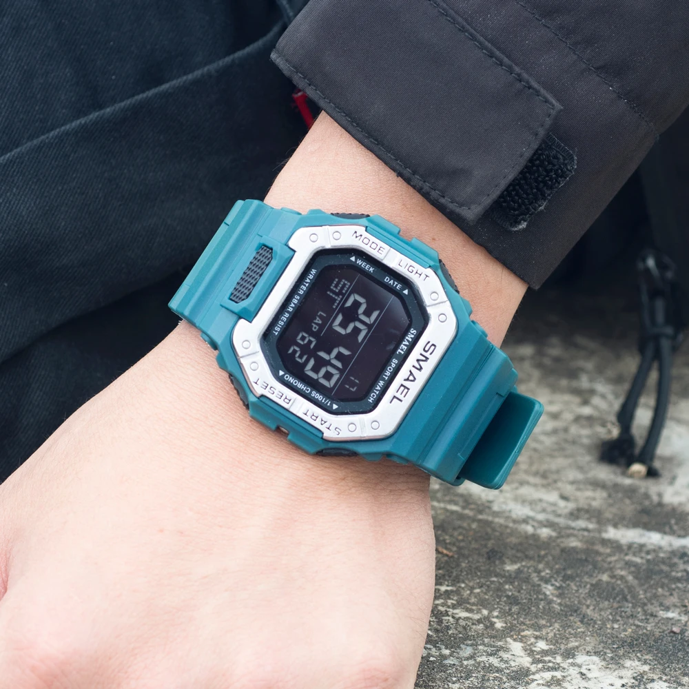 new Brand Men Sport Watches Digital LED Clock Waterproof Auto Date Green Square Wristwatches 2025 8059 Rubber Strap