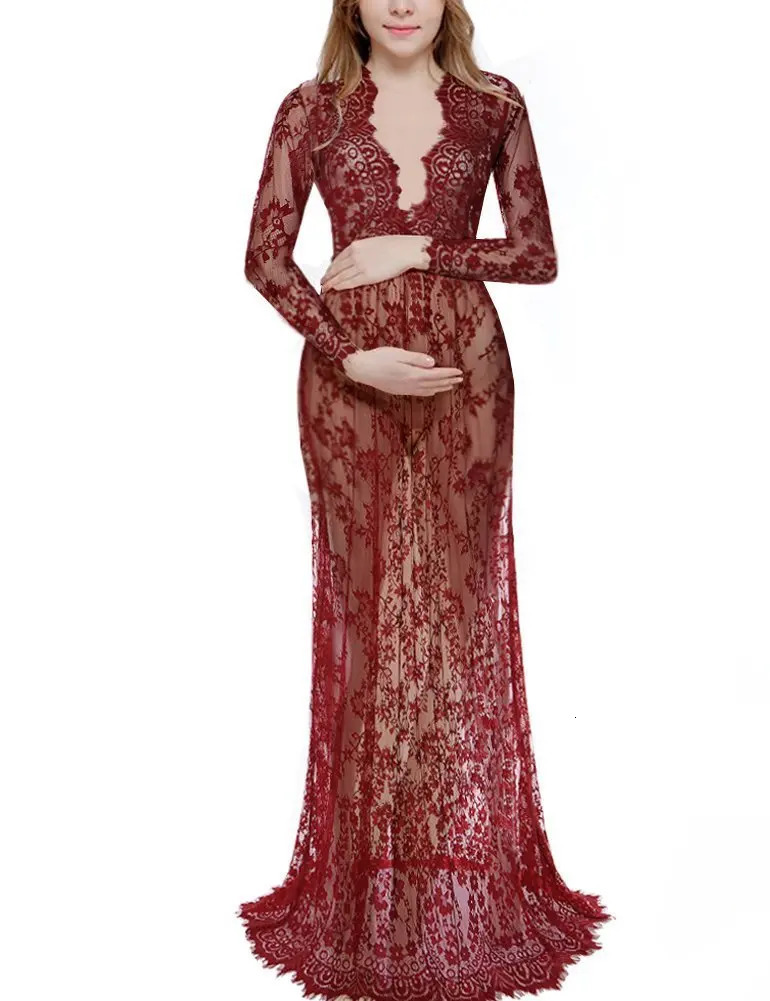 Europe and The United States Style White Sexy Deep V-neck Long Sleeve Lace Perspective Tight Tail Dress Maternity Po Dress 240518
