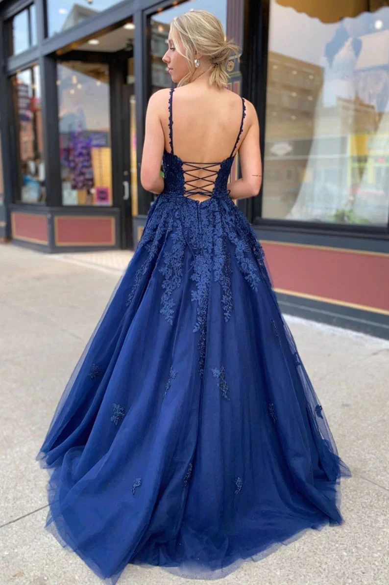 CloverBridal 2023 Navy Blue Tulle Lace Appliques Bridesmaid Dresses Drawstring Back Long Wedding Guest Dresses For Women WB9821