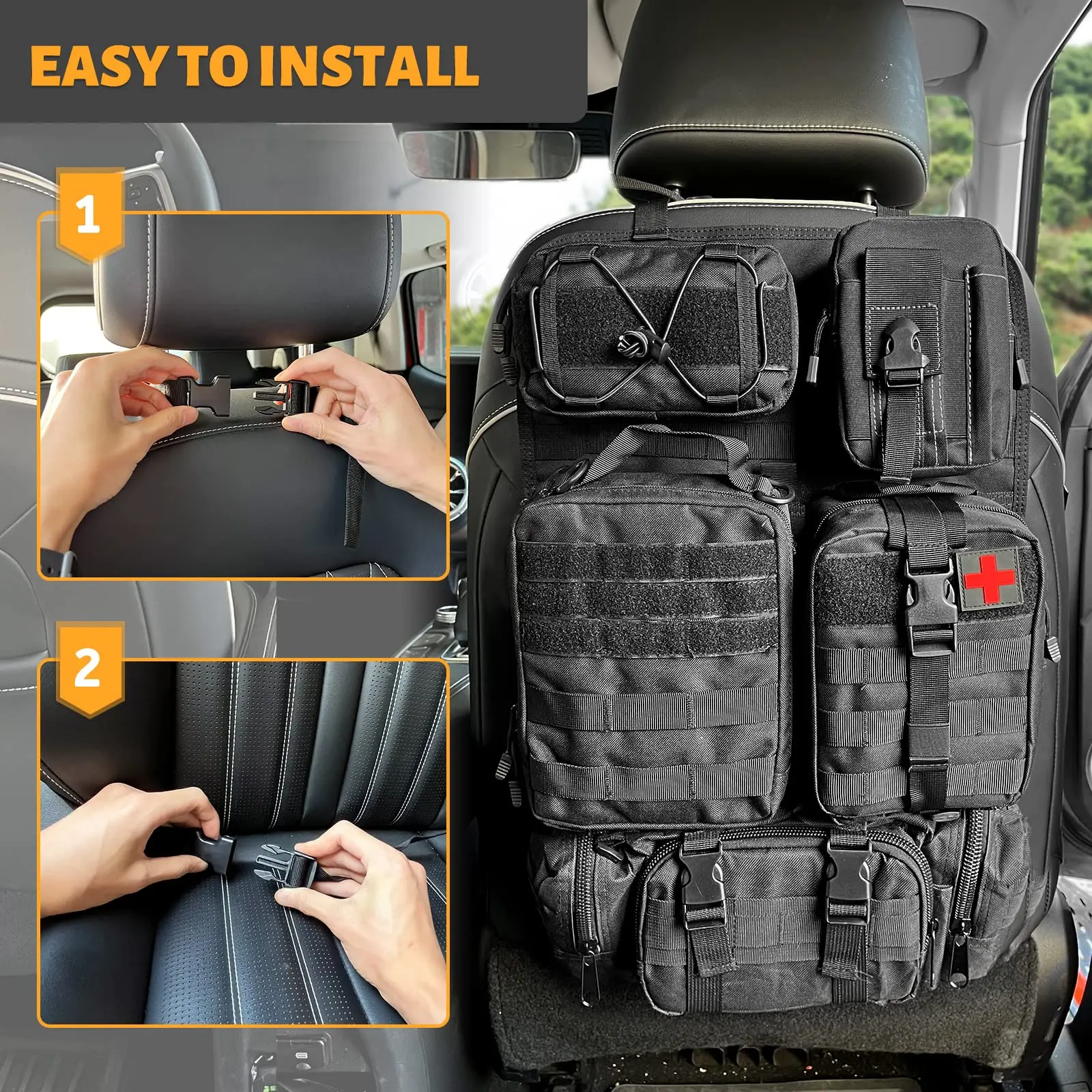 Tactical Car Seat Back Organizer Tactical Vehicle Panel Organizer with 5 Detachable Molle Pouches Universal fits Most of Vehicle
