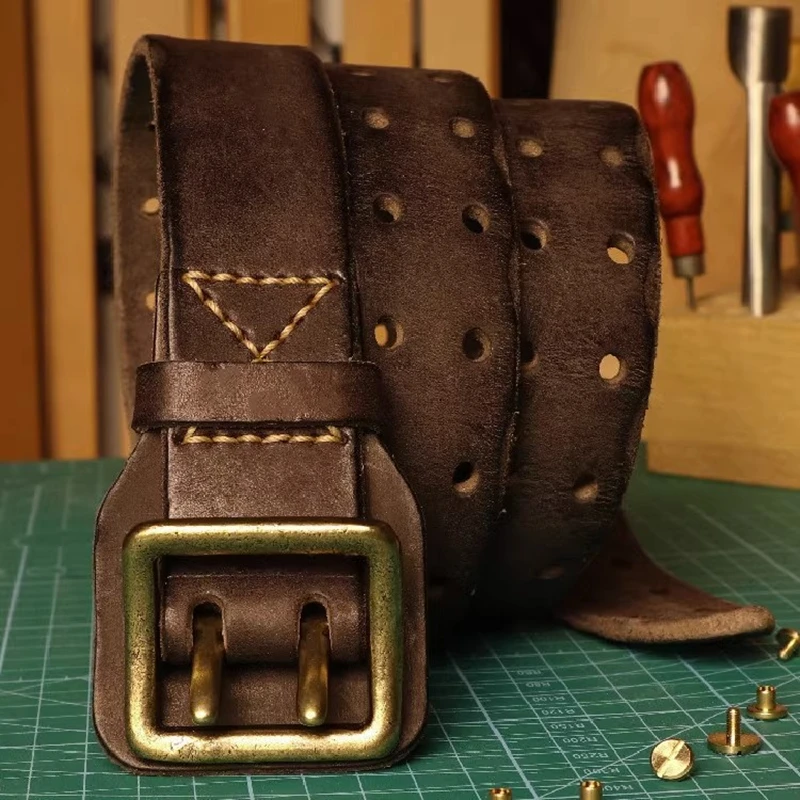 Original Handmade Double-needle Buckle Men's Belt Washed Water Made Old Macho Jeans Belt Genuine Leather y2k Army Tactical Belt