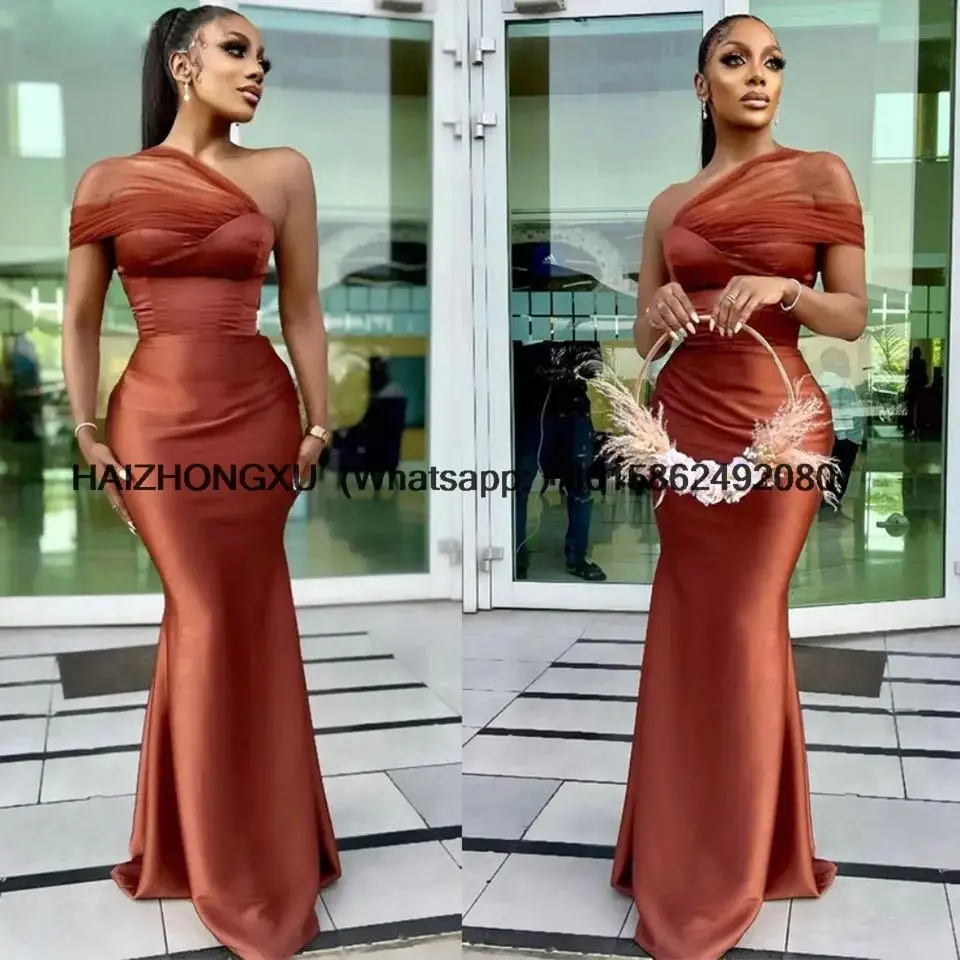 Brown Mermaid Bridesmaid Dresses One Shoulder Tulle Strap Simple Satin Corset Bride Maids Gowns robe demoiselle d honneur femme