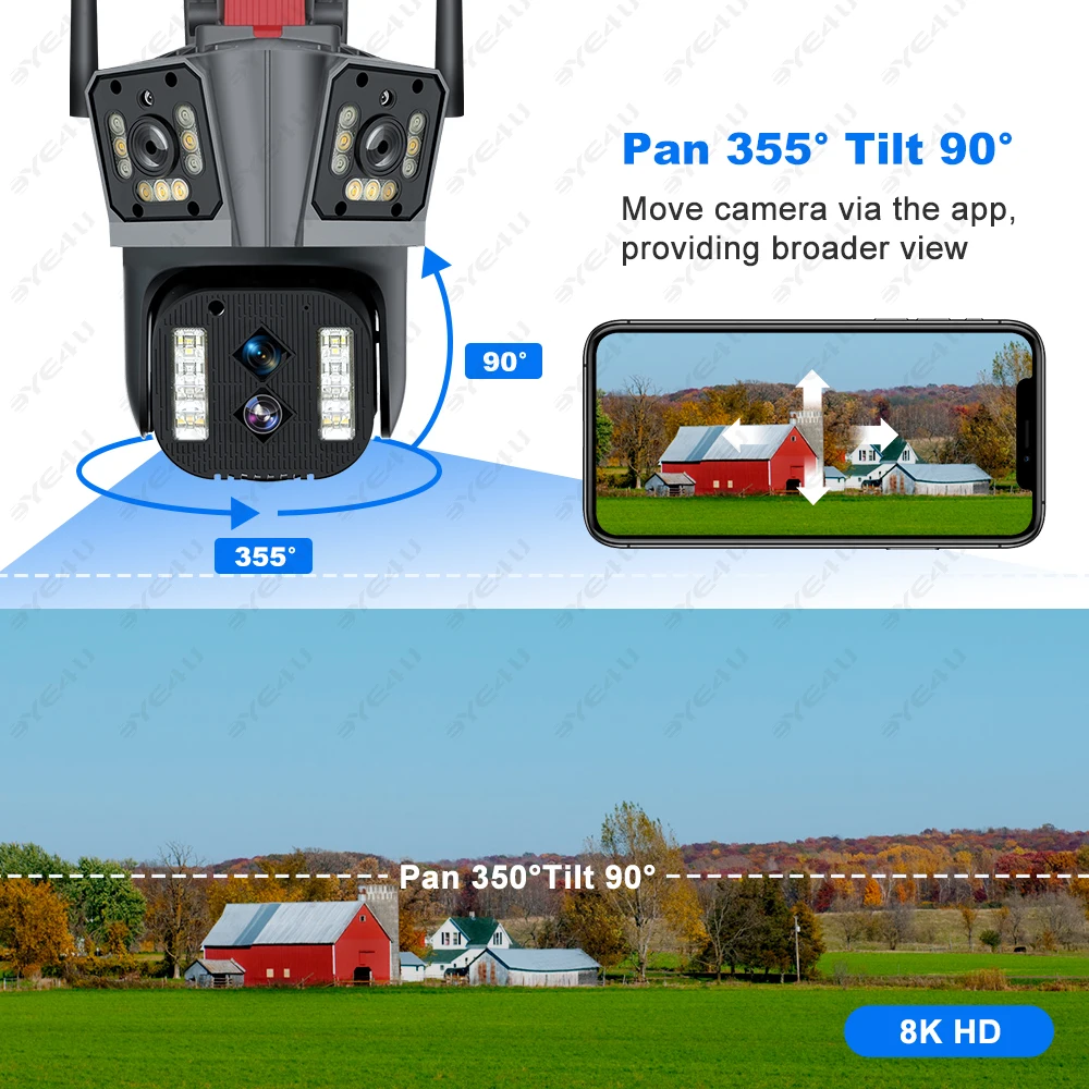 16MP 8K IP Camera 10X Zoom Outdoor Three Screen Four Lens Video Surveillance Cameras WiFi Auto Tracking CCTV 4K Security Cam PTZ