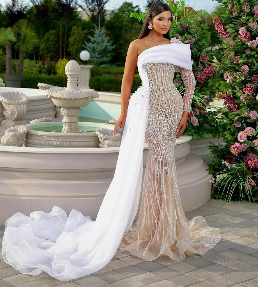 Luxury Beading Mermaid Wedding Dress Sexy One Shoulder Pearls Bridal Gowns Sequins Beads Wedding Gowns For African Women