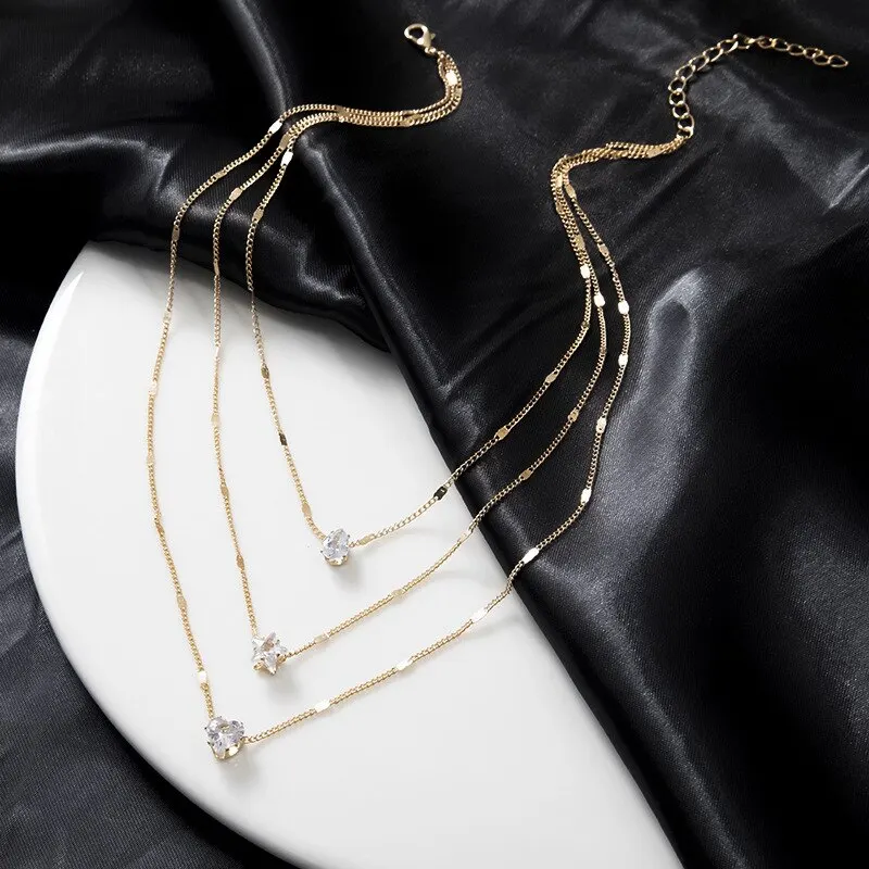 2025 3 Pcs new Gold-Color Simple Multilayered Pendant Necklace For Girls Women Star Heart Shaped Pendant Necklace Jewelry For Birthday Gi