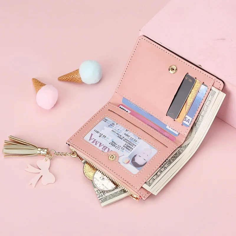 Women's Small Wallet Animal Cover Cute Coin Purse Tassel Design Multi-Card Keychain Credit Card Holder Short Ladies Wallet