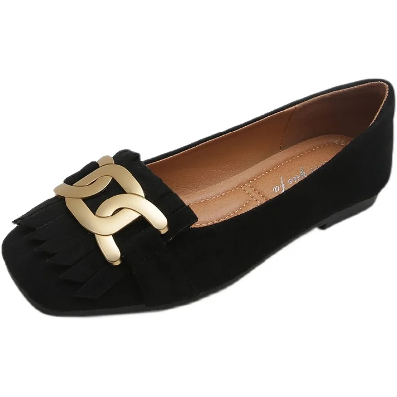 Flat Shoes Woman Retro Tassels Square Shallow Single Shoes for Women 2023 New Metal Buckle Flat Loafers Women Big Size 45 45 46