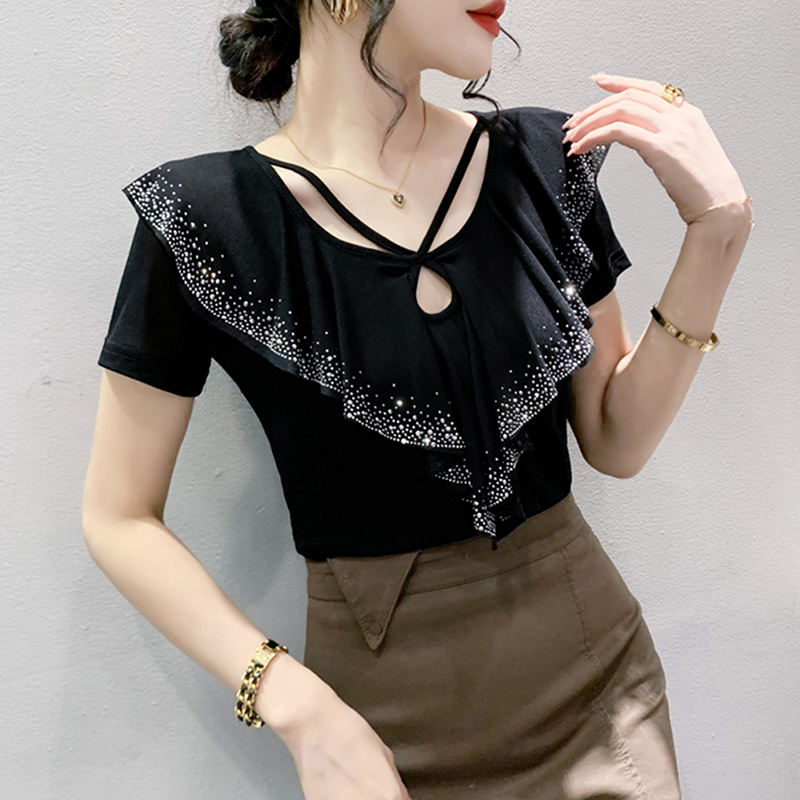 #5410 Summer T Shirt 2025 Women Short Sleeve Sexy Office Mesh new T Shirt Ruffles Dias Sexy Tight Elastic T Shirt Female Hollow Out