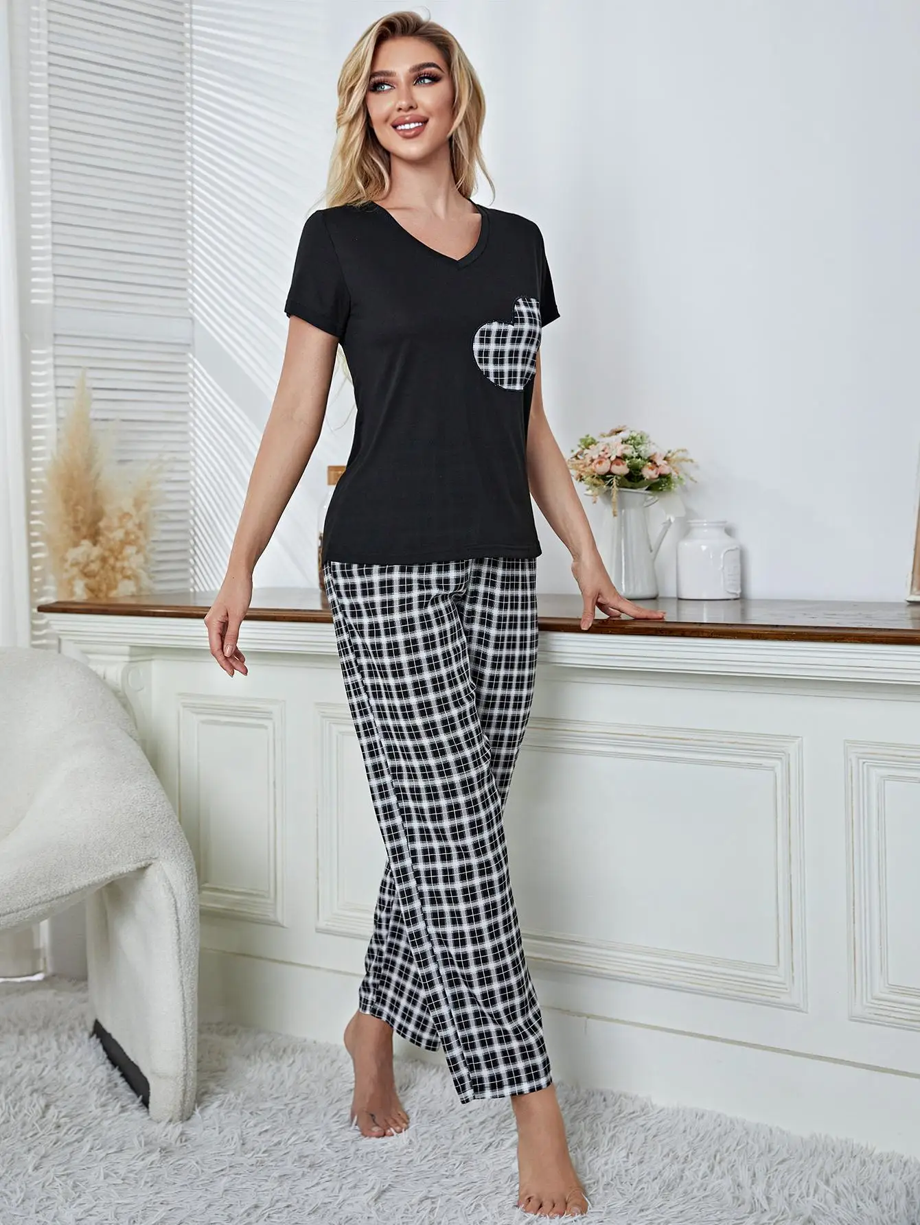 Summer Women's Pajamas Sets Short Sleeves V Neck Tops&Pants 2 Pieces Plaid Full-Length Trousers Sleepwear Nightwear Home Suit