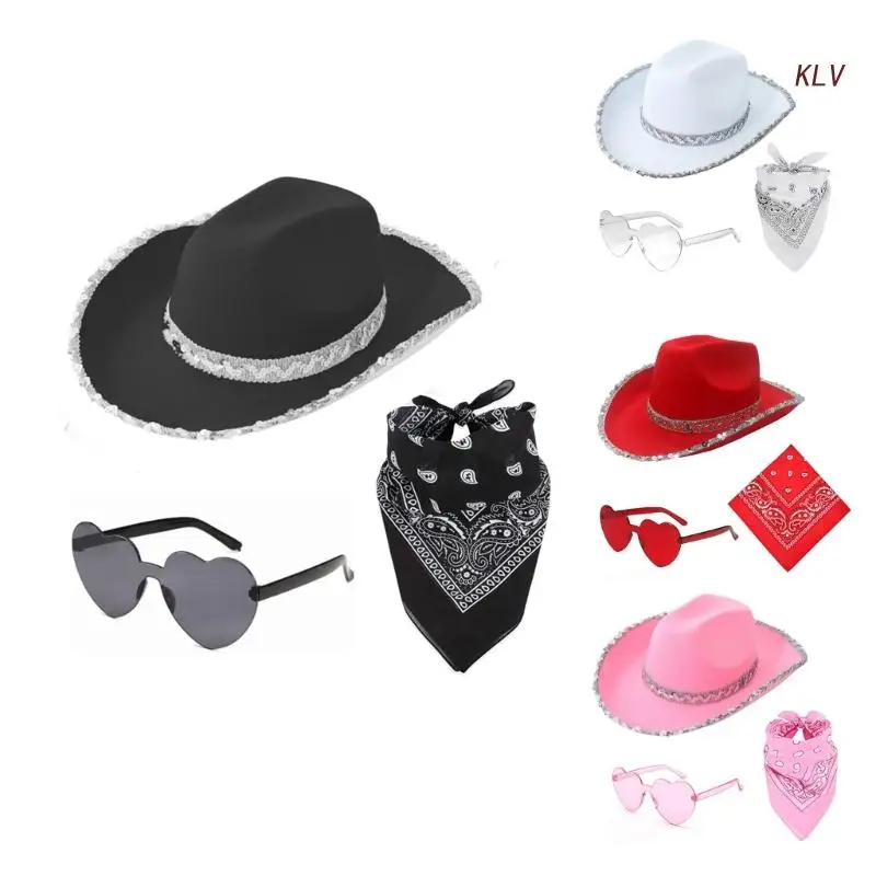 Women Cowboy Hat Western Wide Brim Hat Handkerchief Heart Sunglasses Set Hat Costume Fedora-Hat Headdress