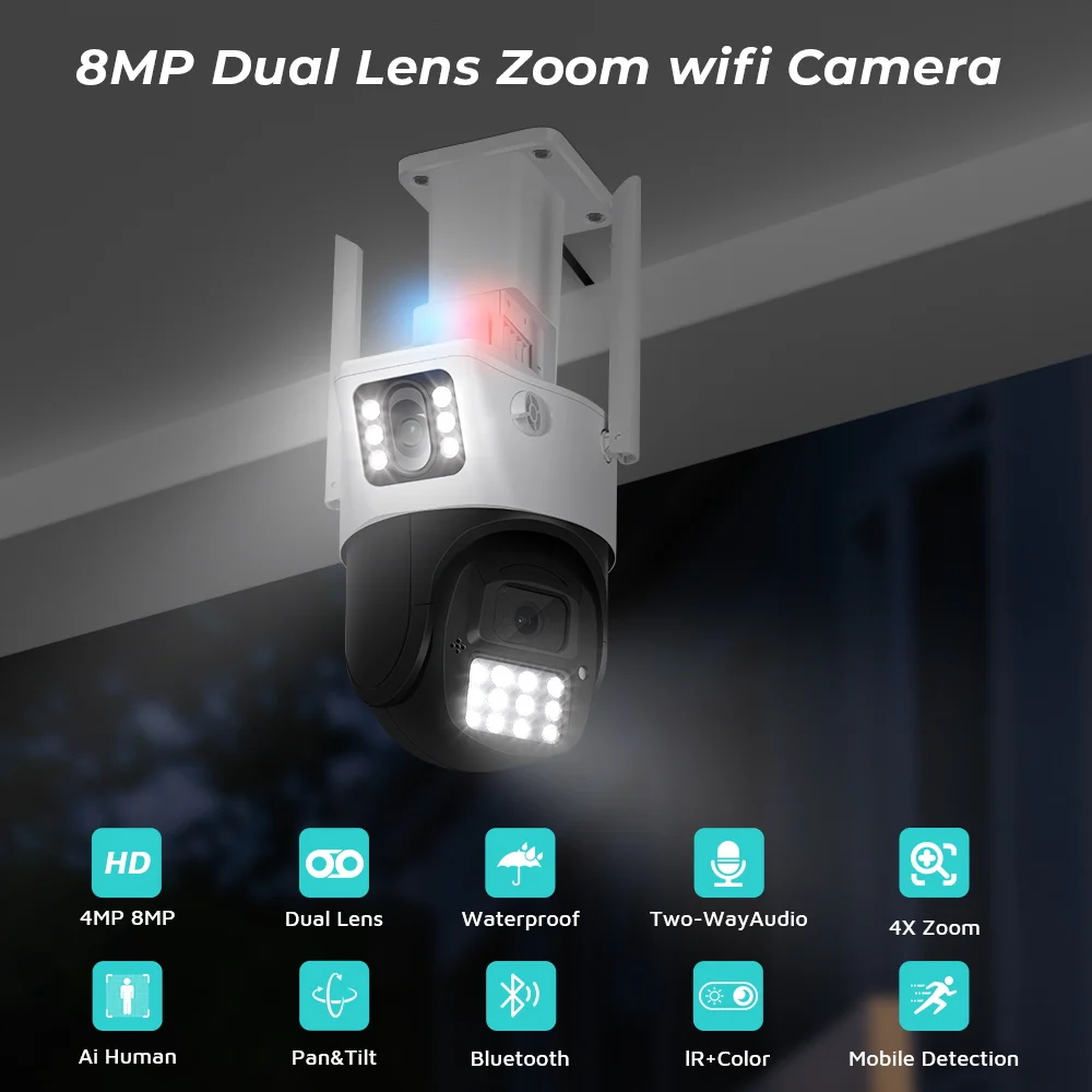 PANEPO 8MP Dual Lens Dual Screen PTZ WiFi Camera With Dual Light Modes Auto Tracking Outdoor Security CCTV Surveillance Camera