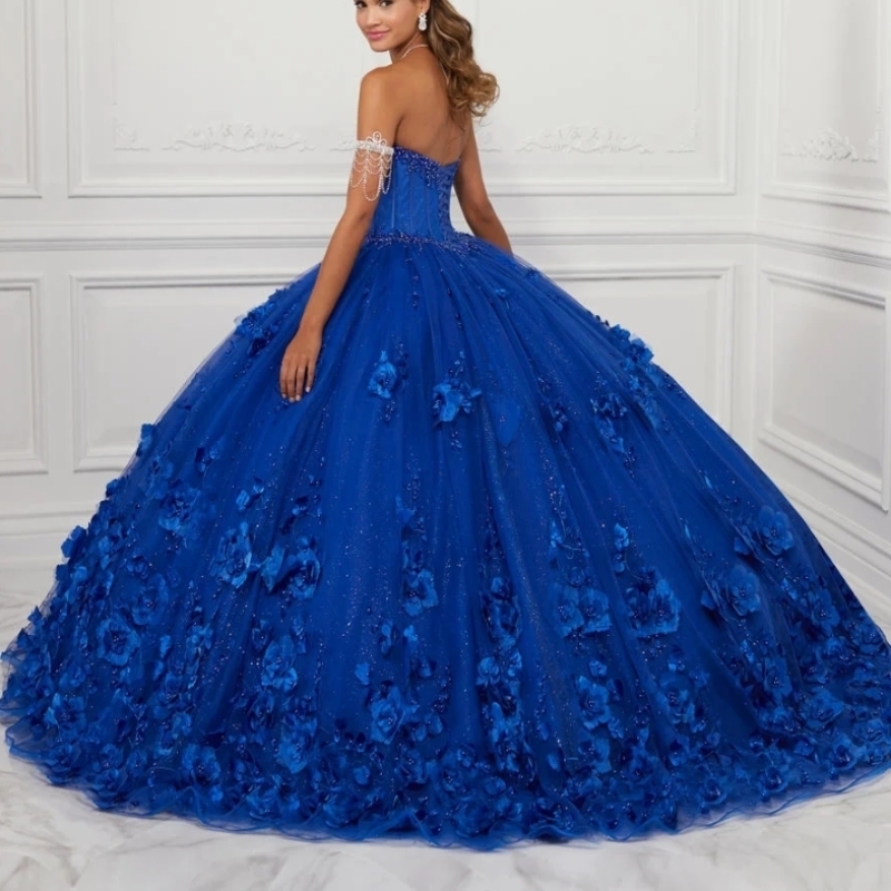 Royal Blue Princess Quinceanera Dresses 3D Flowers Beads Tull Pageant Party Sweet 16 Ball Gown 15 Vestidos De Fiest