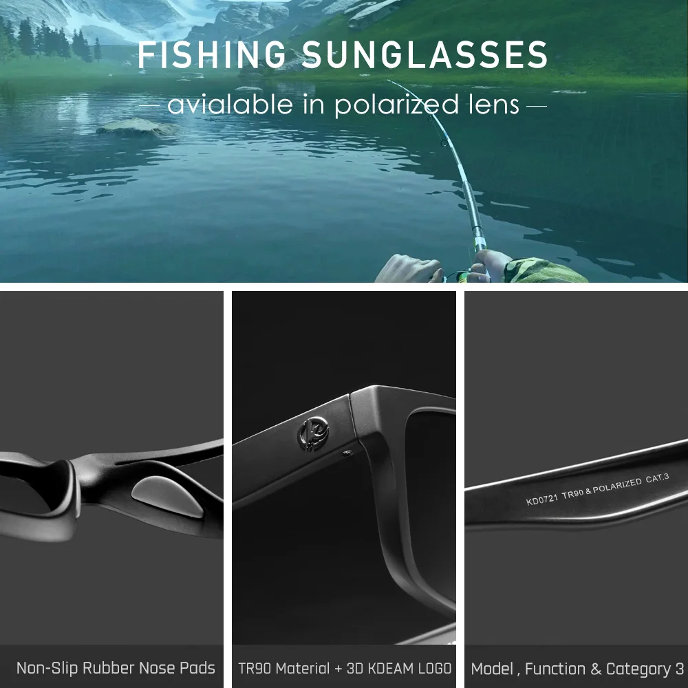 KDEAM Polarized Sunglasses Men Sports Tridimensional Brand Logo TR90 Square Sun Glasses All Black With Zipper Case KD0721
