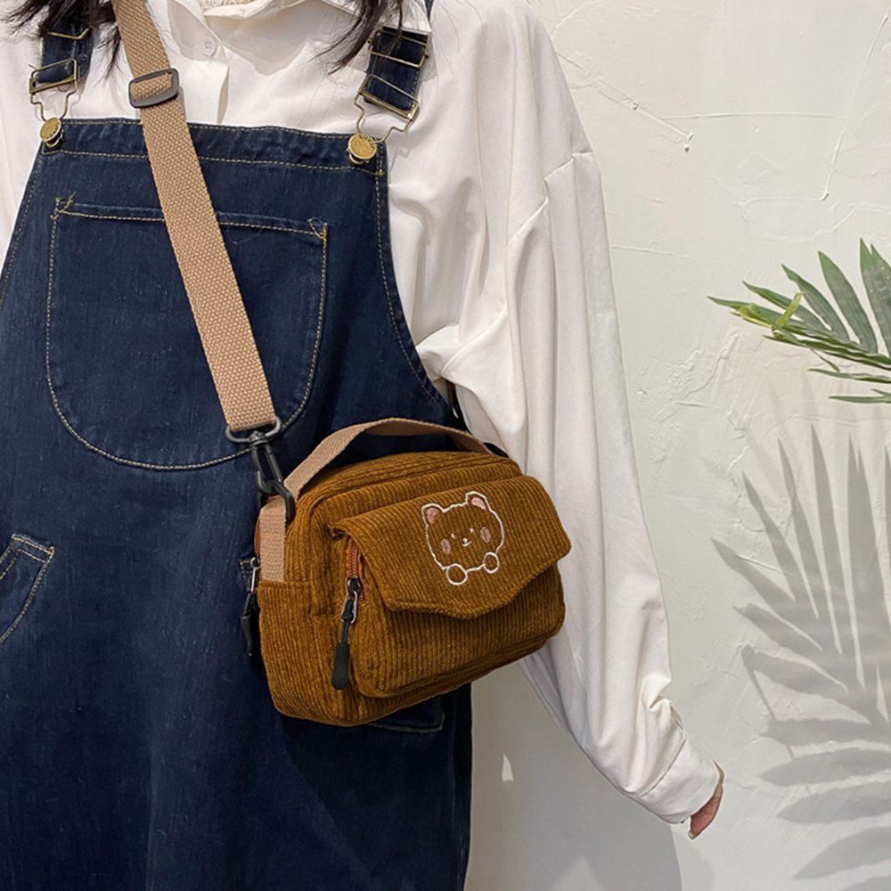 1PC Fashion Women Corduroy Cartoon Bear Print Shoulder Bags Student Tote Messenger Bag Portable Satchel Travel Handbags