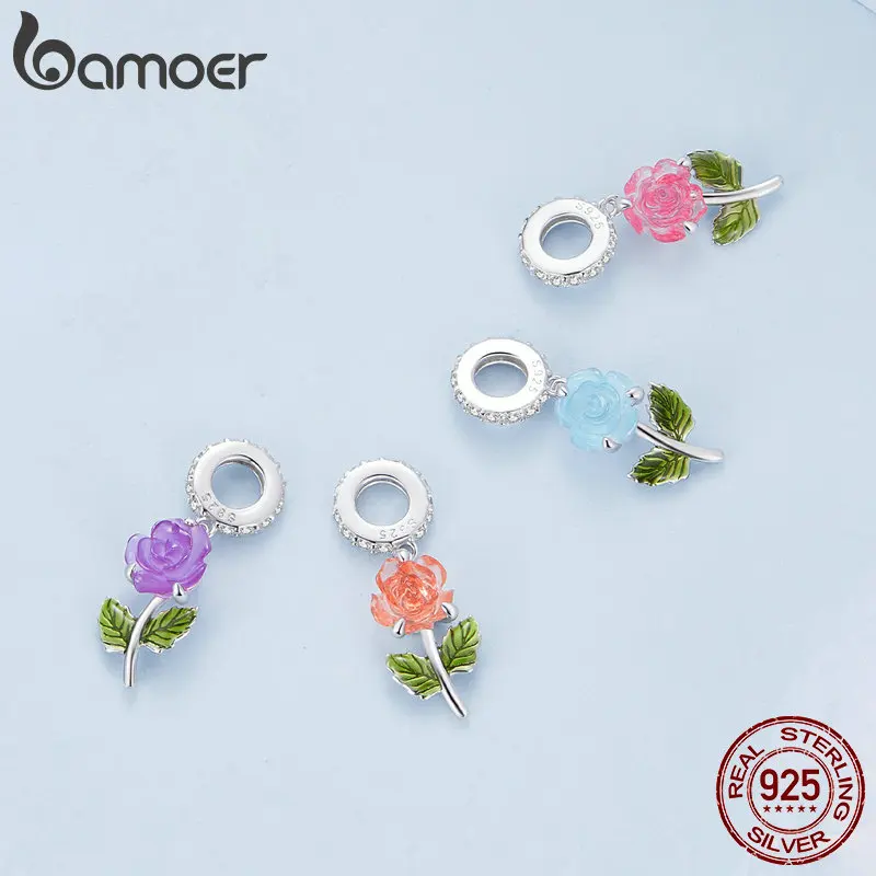 Bamoer Sterling 2025 Sier Rose Hanging Bead new Color Changeable Flower Pendant Charms for Women Bracelet and Necklace DIY BSC824