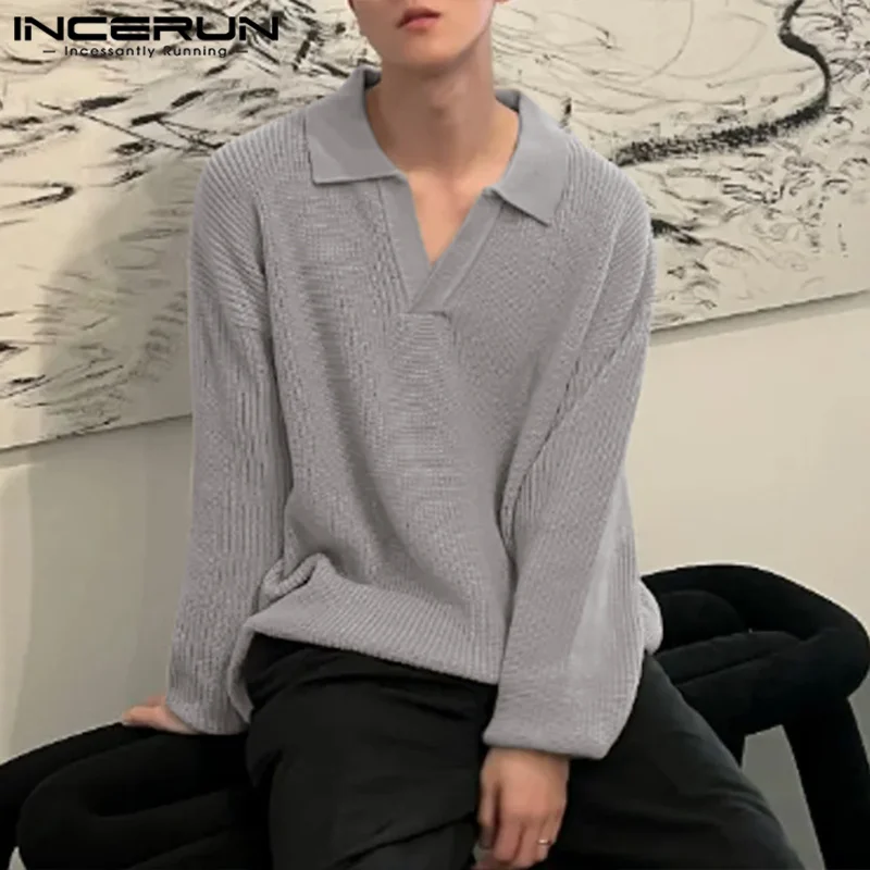 Men Shirt Solid Color Lapel Long Sleeve Knitted new 2023 Casual Shirts Korean Streetwear 2025 Stylish Leisure Men Clothing S-5XL INCERUN