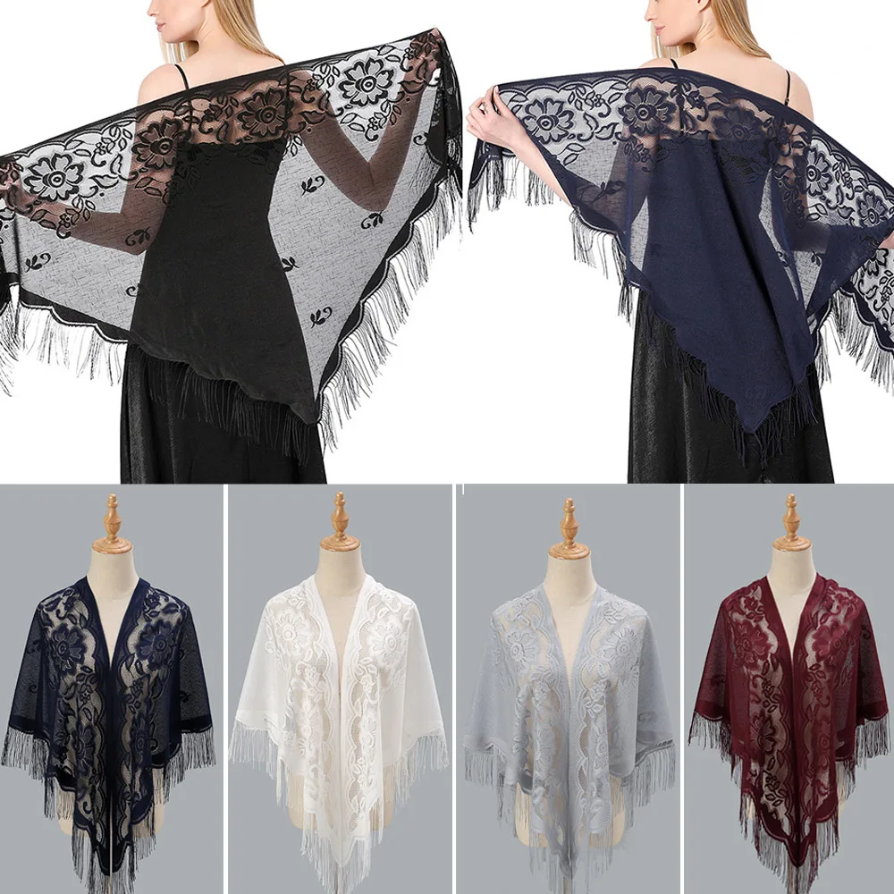 Lace Tassels Triangle Scarf Sheer Hollow Out Breathable Scarves Long Fringe Muslim Hijabs Evening Party Shawl Elegant Shawl