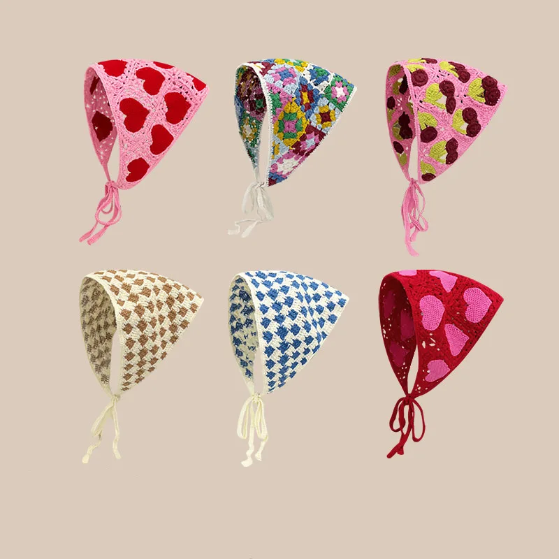 Korean Ins Knit Headband 2025 Women new Sweet Crochet Hollow Triangular Towel Spring and Summer Travel Photo Japanese Literary Hair Towel
