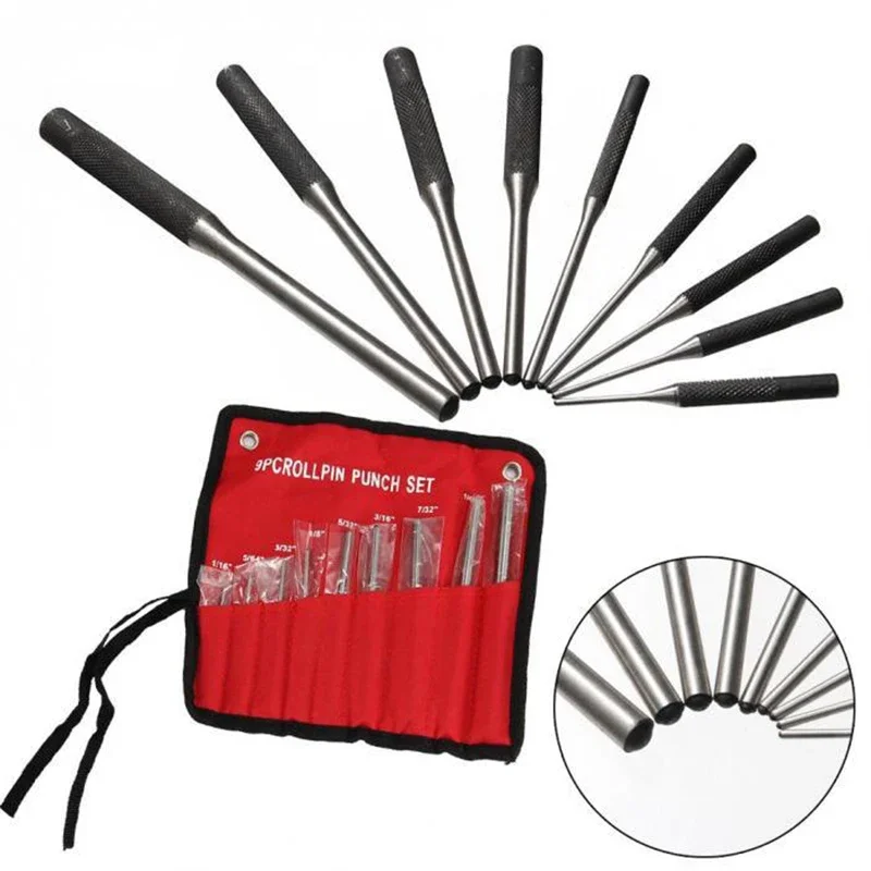 9Pcs 2025 Steel Multi Size Round Head Pins Punch new Set Grip Roll Pins Punch Tool Kit Professional Hollow End Starter Punch Chisel Tools