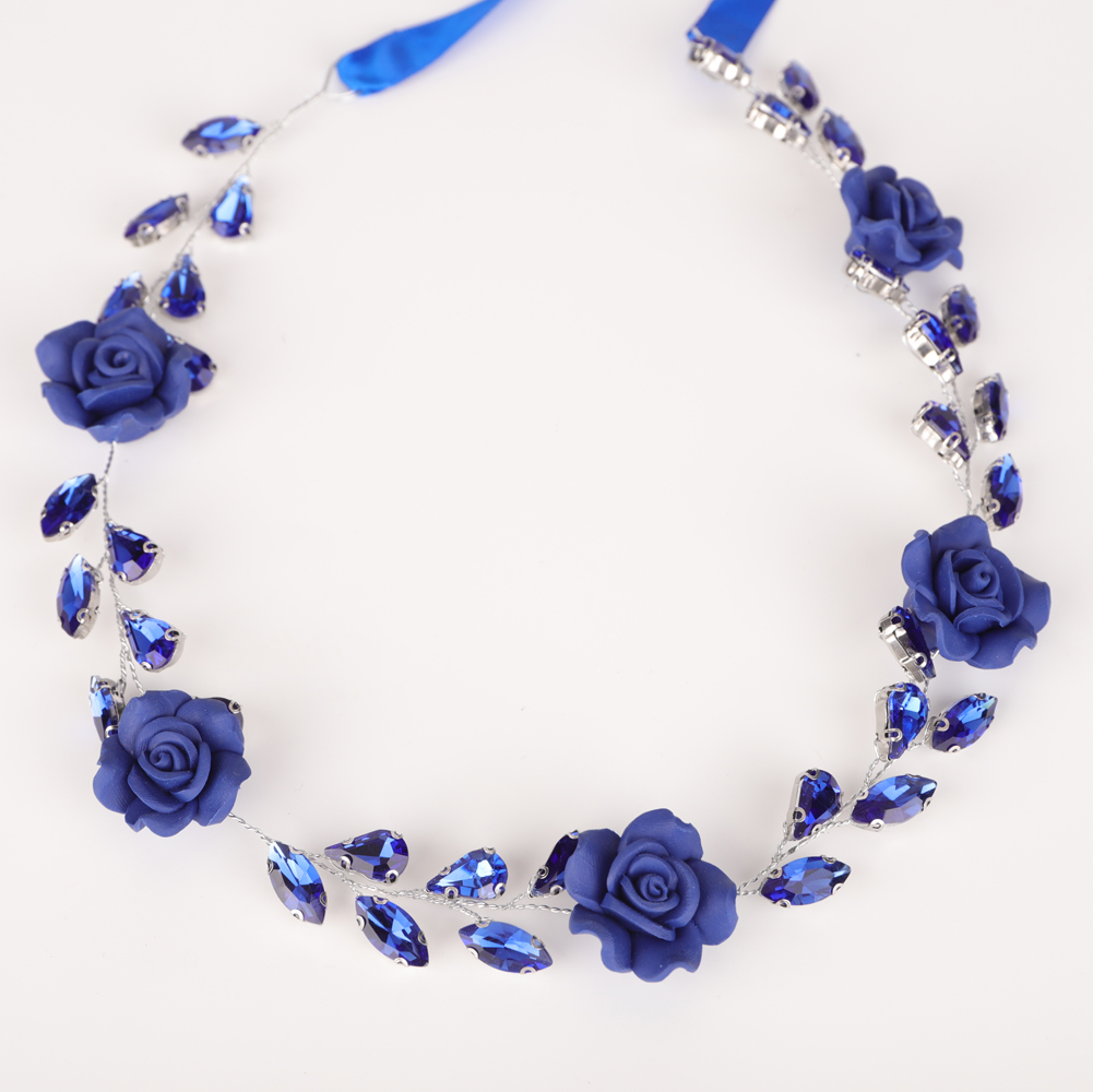 Bridal Wwdding Blue Flower Rhinestones Hair Accessories Bridal Crystal Navy Blue Headband Wedding Prom Hair Jewelry for Women
