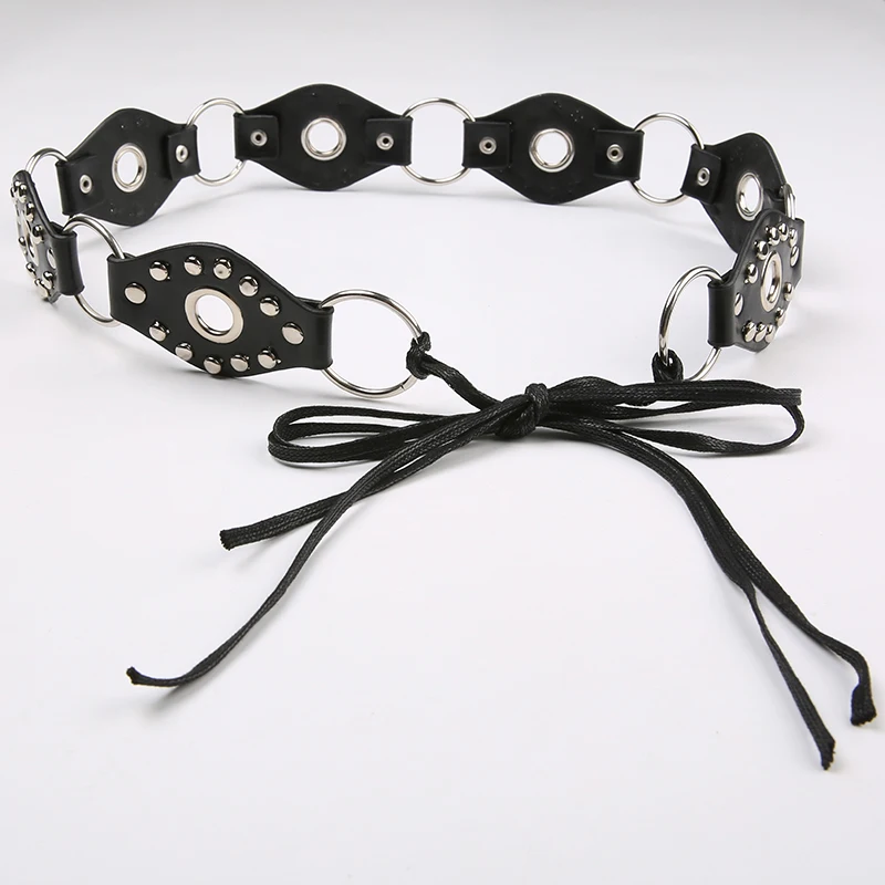 SUCHCUTE Lace Up Rivet Boho Vintage Black Belts for Women Round Eyelet Leather Y2K Style Accessories Grunge Waist Chain Belts