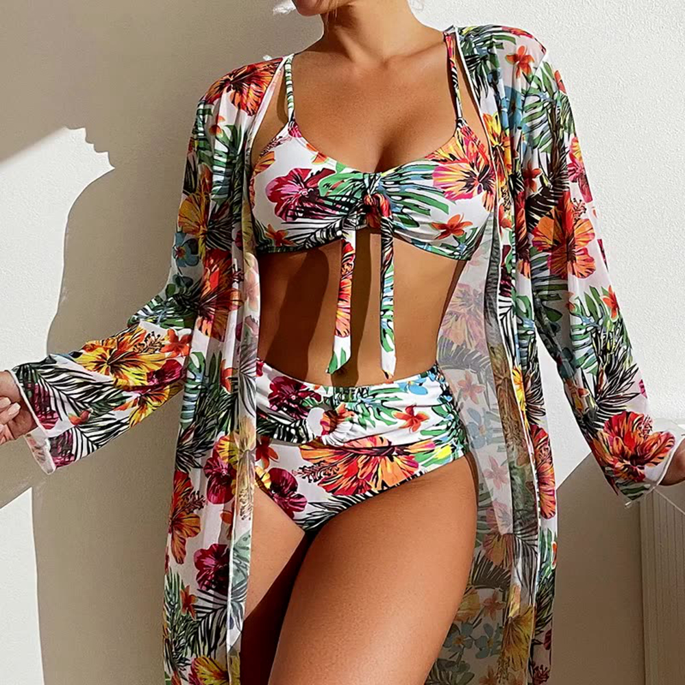 Sexy High Waisted Bikini 2025 new 3 Pieces Floral Printed Swimsuit Size 3XL-S Women Bikini Set With Mesh Long-Sleeved Blouse Super Sales