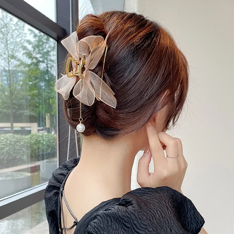 Korean Mesh Bow Tassel Grab Clip Girls Elegant Crab Ponytail Braid Claw Clip Women Delicate Bath Hair Accessories
