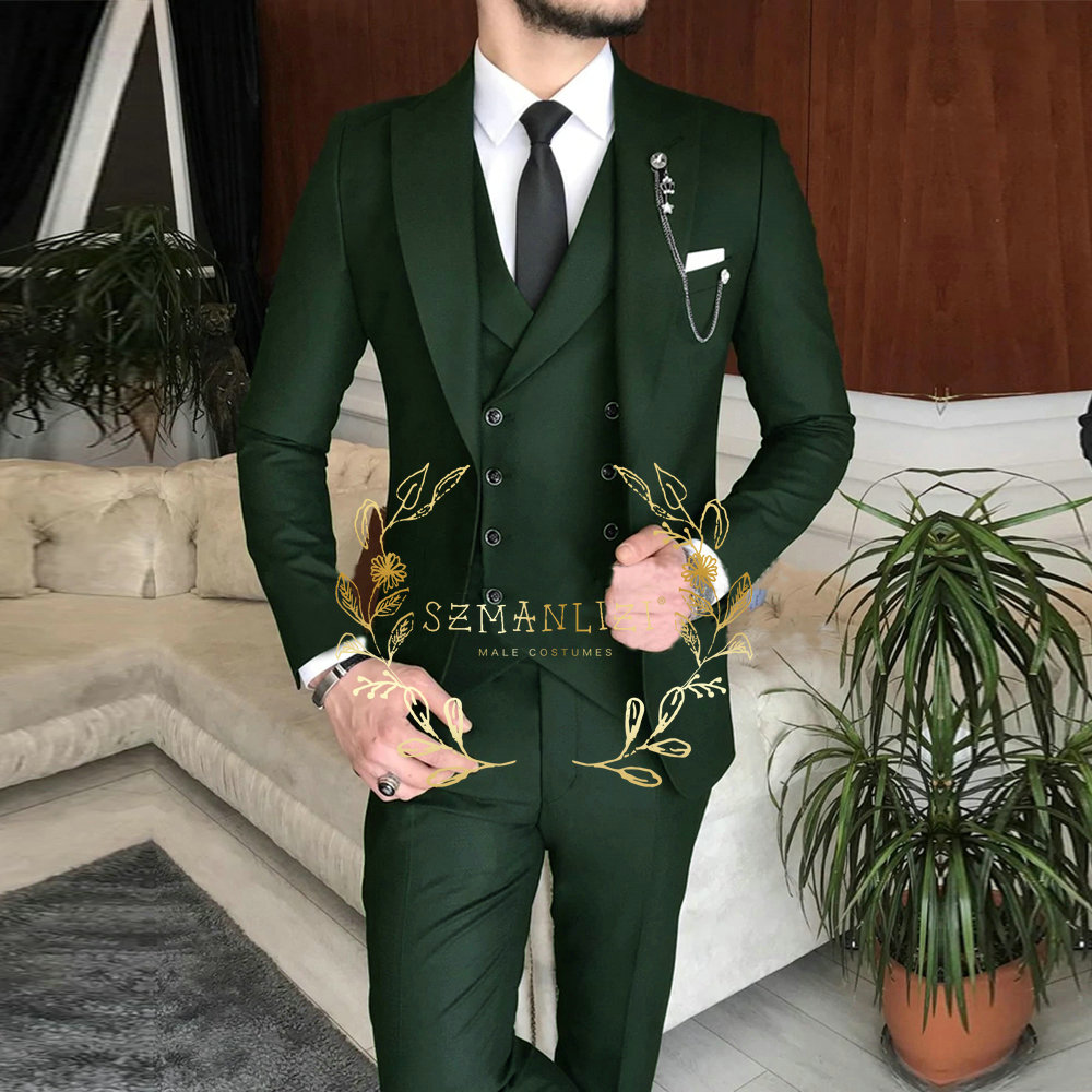 New Arrival Male Suits 2025 Slim new Fit 3 Pieces Peak Lapel Dark Green Classic Men Wedding Suits Groom (Blazer+Vest+Pants) Costume Homme