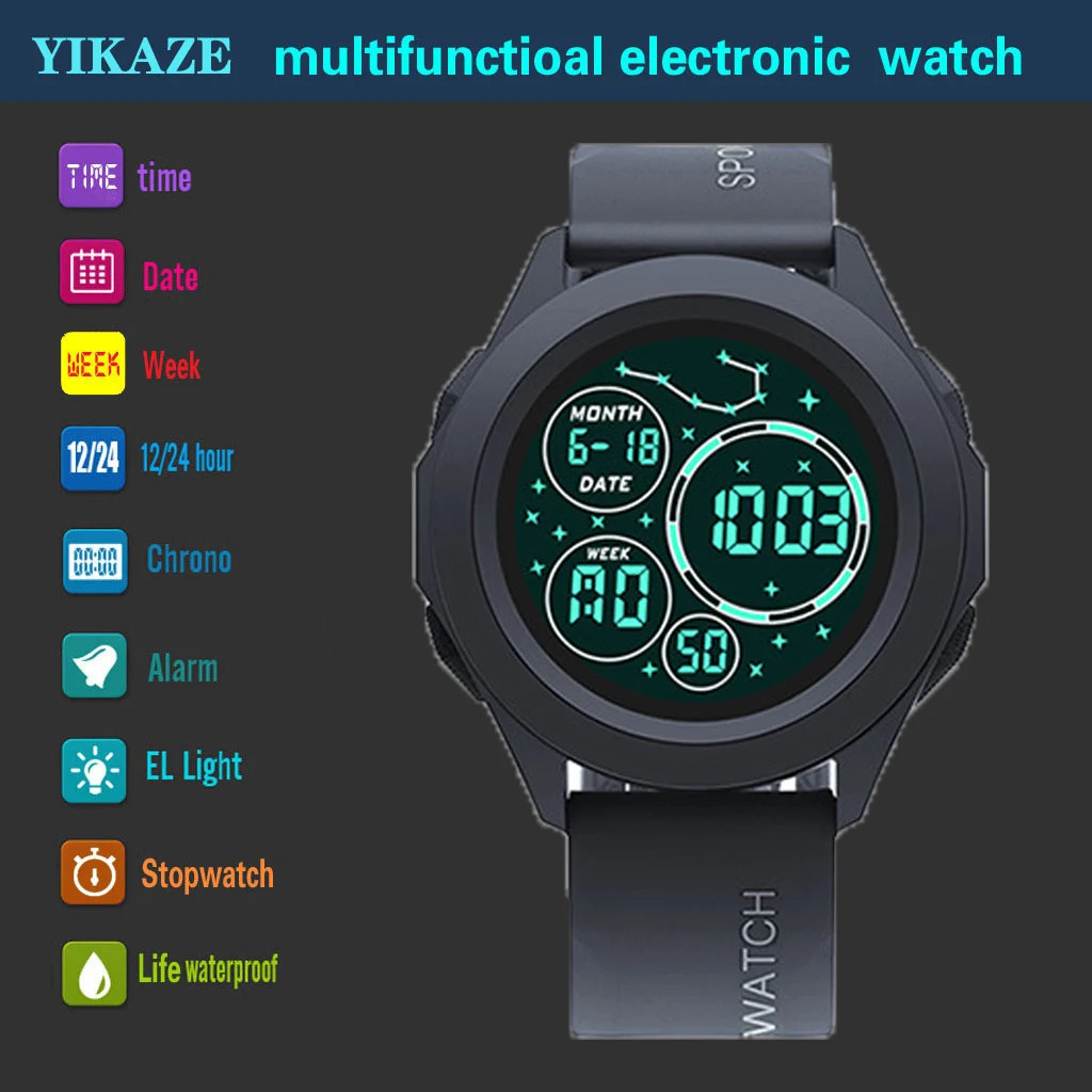 YIKAZE Sports Watch Men's Digital Watches Starry Man Sport Watch Waterproof Multifunctional Clock Outdoor LED Electronic Watch