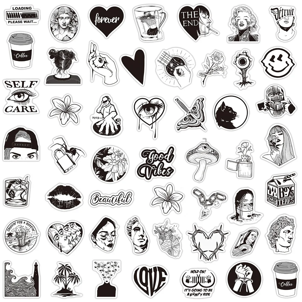 50pcs Graffiti Black and White Art Styling Stickers Laptop Lage Phone Case new Guitar Fridge Car Motorcycle Cool 2025 Ins Decals