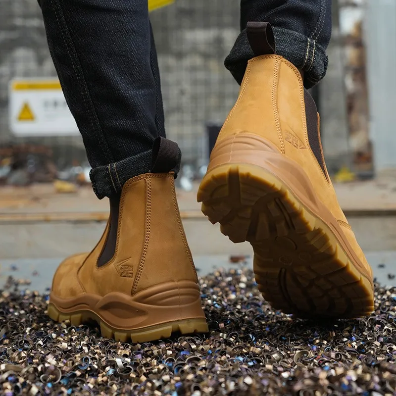 Luxury High-top Cowhide Boots Men's Safety Shoes Lace Free Steel Toe Anti Impact And Anti Puncture Wear Resistant Work Shoes