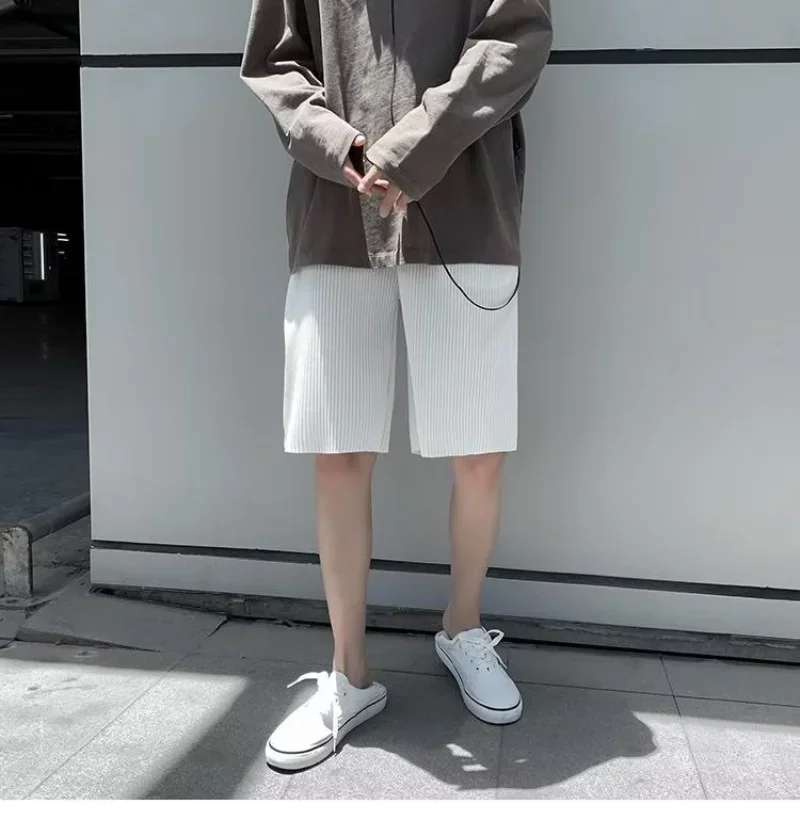 Male Texture Pleated Ice Silk Shorts Men's Summer Loose Large Size Casual Solid Color Elastic Waist Sport Five-point Short Pants