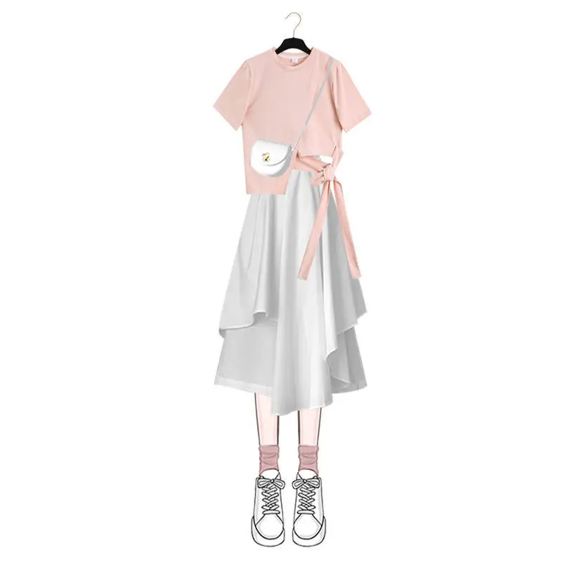 2023 Korean Style Bow Tassel Short Sleeve T-shirt Tops Ruffle 2025 Ruffle Skirt Two-piece Elegant new Women's Skirt Suit Casual Outfits